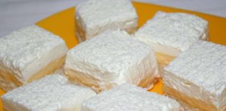 Coconut Dream, o delicatesă de casă cu un blat pufos de nucă de cocos, cremă fină de vanilie și un topping bogat de frișcă proaspătă.