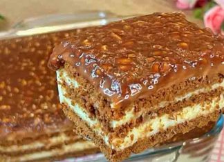 Tort fără coacere cu bază din biscuiți și cremă de ciocolată